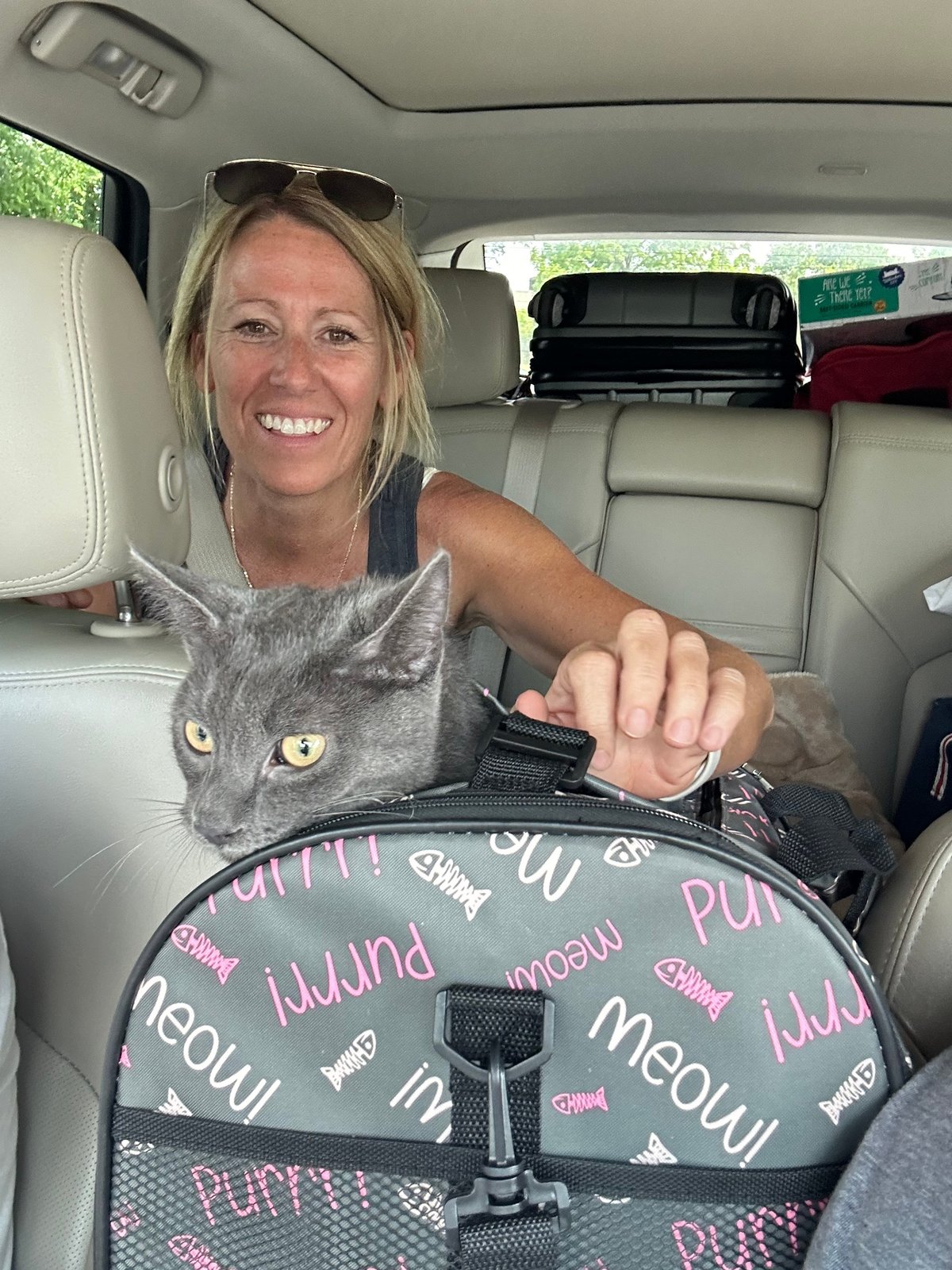 Woman smiling in car holding gray cat with paw steering wheel cover in back seat